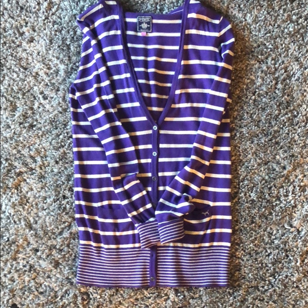 Purple & white striped VS pink cardigan with hood